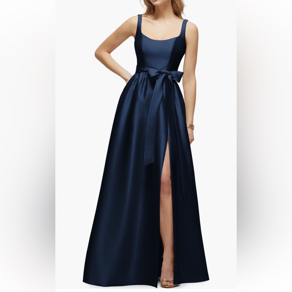 Dessy Collection Navy Satin Prom Gown with Waist Tie